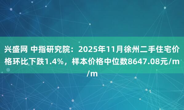 兴盛网 中指研究院：2025年11月徐州二手住宅价格环比下跌1.4%，样本价格中位数8647.08元/m